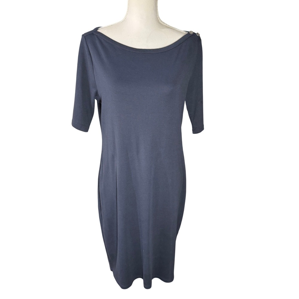 Lauren Ralph Lauren Navy Blue Cotton Boatneck Button Shoulder Shift Dress XL GUC